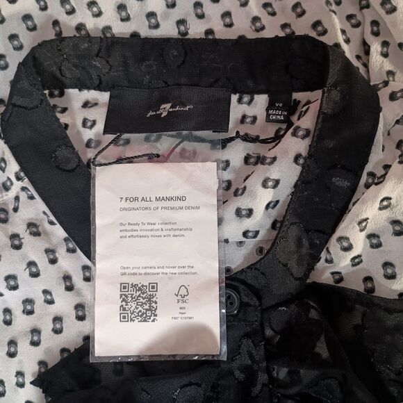 7 For All Mankind Silk Blouse Top Shirt Button Ruffle Long Sleeve White Black XS - Picture 4 of 6